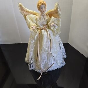 Vintage 12" Angel Tree Topper Porcelain Face Ivory Lace Quilted Wings EUC Taiwan